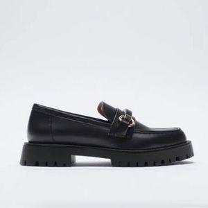 Zara Black Leather Lug Sole Loafers with Gold Buckle